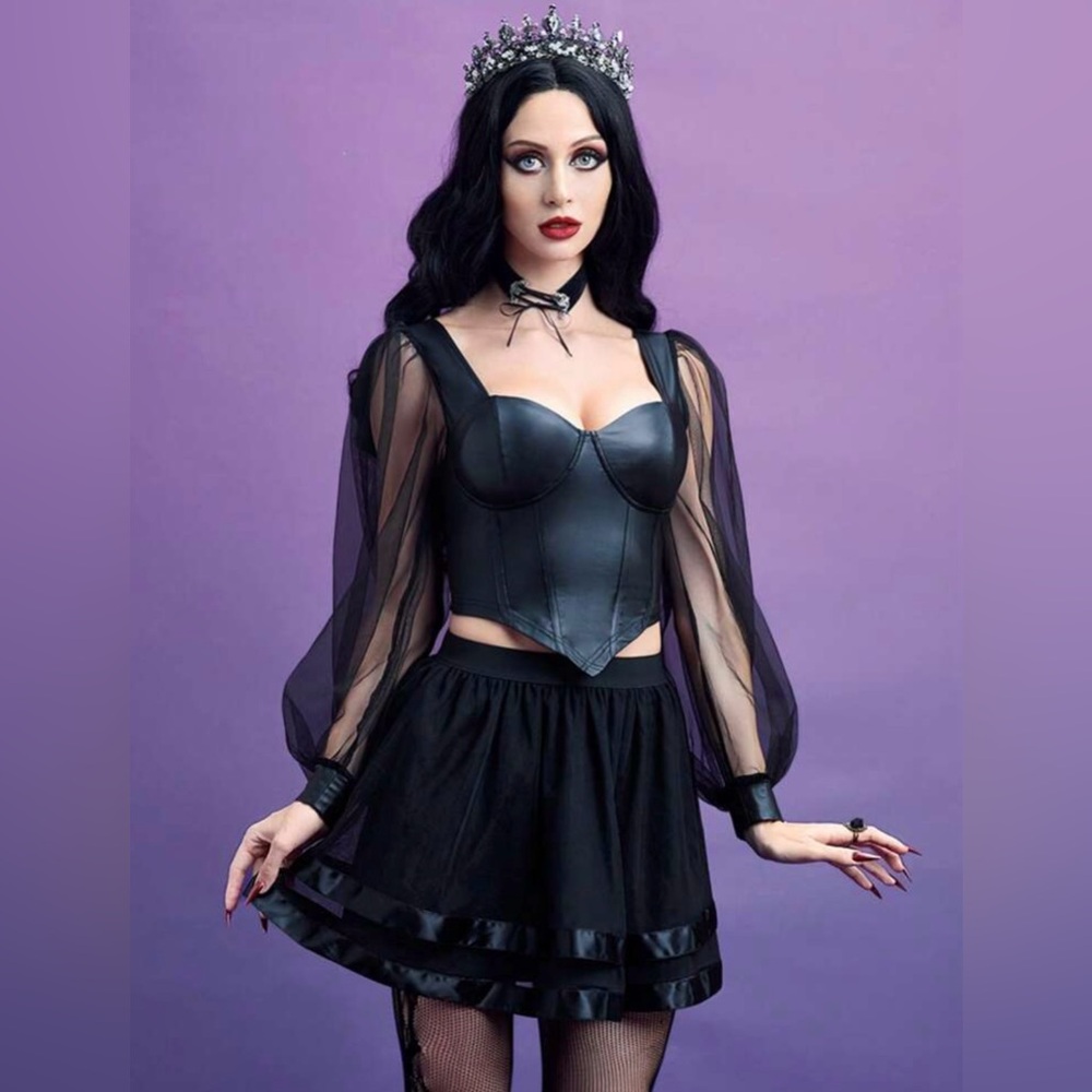 ROMWE PUNK, Sheer, PU Leather Bustier / Crop Top, Long Bishop Sleeve, Size M